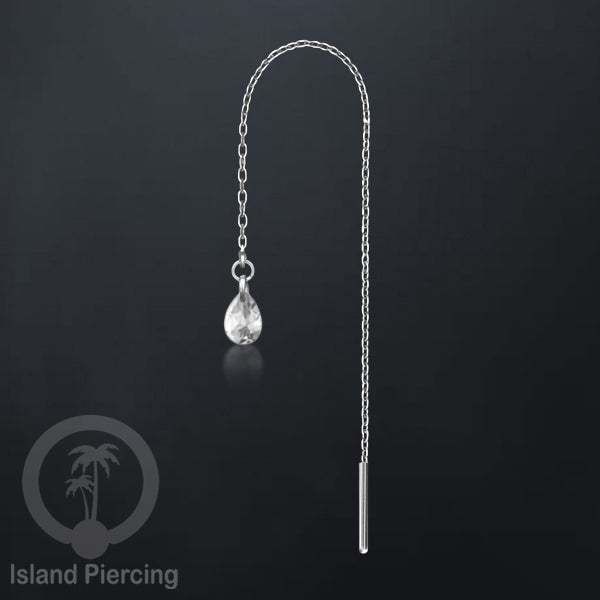 Anting Rantai Ear Threader Stainless warna silver dengan tetes Kristal Zirconia