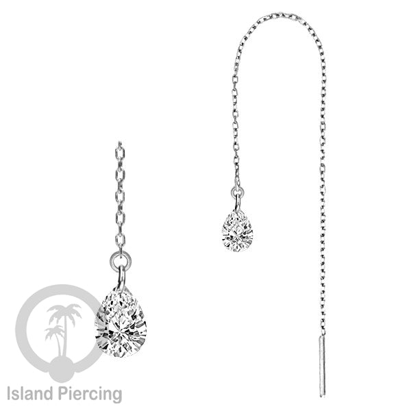 Anting Rantai Ear Threader Stainless warna silver dengan tetes Kristal Zirconia
