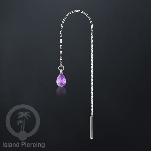 Anting Rantai Ear Threader Stainless warna silver dengan tetes Kristal Zirconia