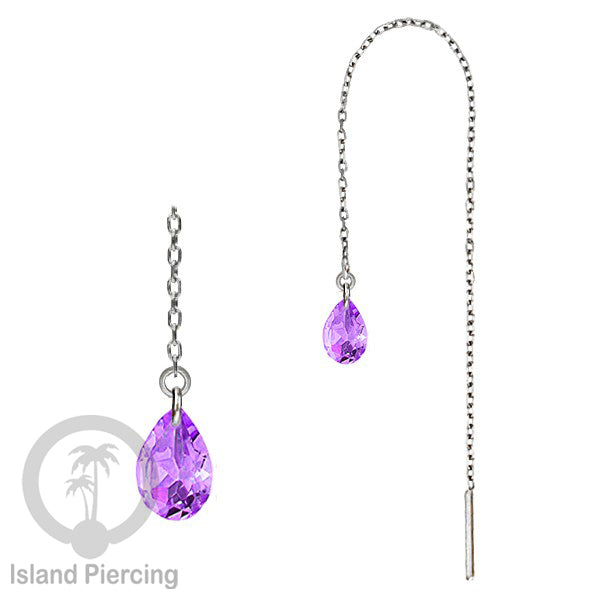 Anting Rantai Ear Threader Stainless warna silver dengan tetes Kristal Zirconia