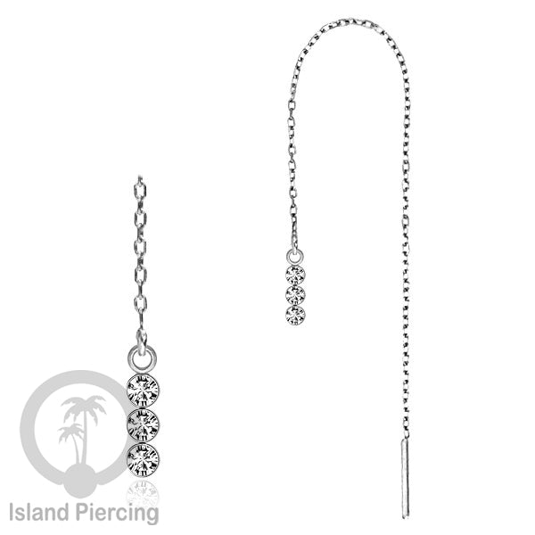 Anting Rantai Ear Threader Stainless warna silver dengan Kristal Zircon dan Mutiara Asli