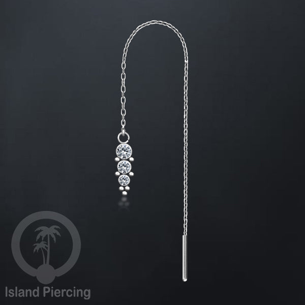 Anting Rantai Ear Threader Stainless warna silver dengan Kristal Zircon dan Mutiara Asli
