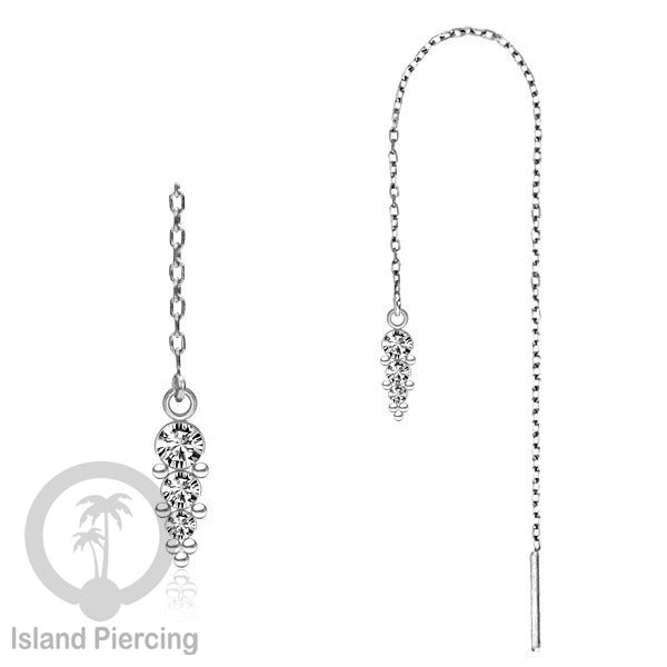 Anting Rantai Ear Threader Stainless warna silver dengan Kristal Zircon dan Mutiara Asli