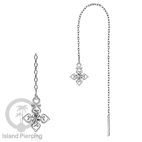 Anting Rantai Ear Threader Stainless warna silver dengan Kristal Zircon dan Mutiara Asli