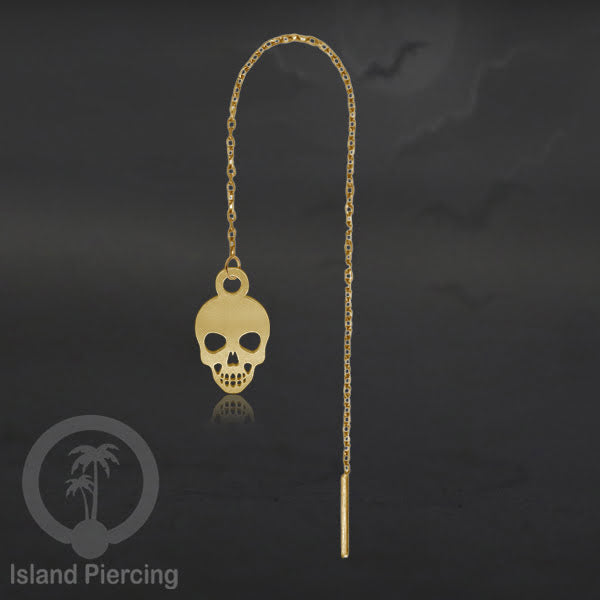 Anting Ear Threader Stainless warna gold dengan model Halloween yang unik, Tengkorak, Peti