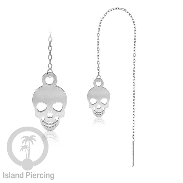 Anting Ear Threader Stainless warna silver dengan model Halloween yang unik, Tengkorak, Peti
