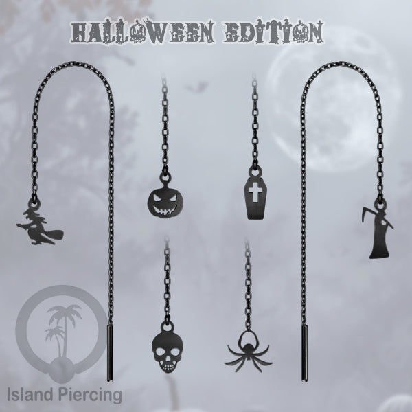 Black stainless steel ear threader earrings with unique Halloween designs, Skull, Coffin