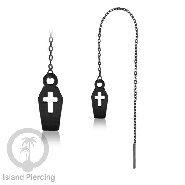 Anting Ear Threader Stainless warna hitam dengan model Halloween yang unik, Tengkorak, Peti