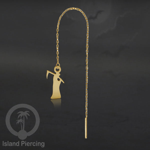 Anting Ear Threader Stainless warna gold dengan model Halloween yang unik, Tengkorak, Peti
