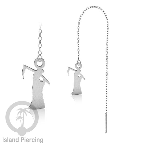 Anting Ear Threader Stainless warna silver dengan model Halloween yang unik, Tengkorak, Peti