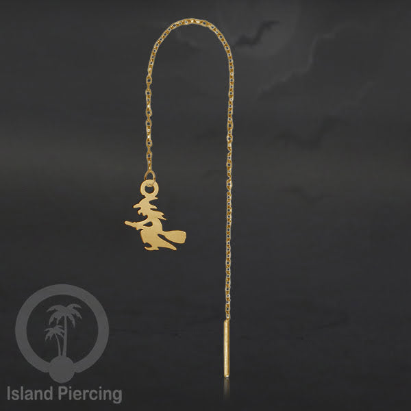 Anting Ear Threader Stainless warna gold dengan model Halloween yang unik, Tengkorak, Peti