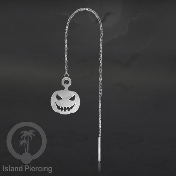 Anting Ear Threader Stainless warna silver dengan model Halloween yang unik, Tengkorak, Peti
