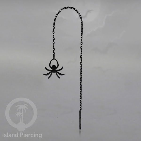Anting Ear Threader Stainless warna hitam dengan model Halloween yang unik, Tengkorak, Peti
