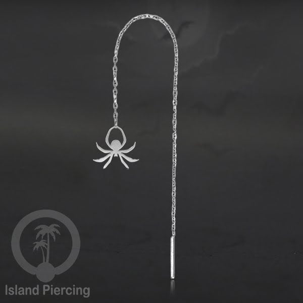 Anting Ear Threader Stainless warna silver dengan model Halloween yang unik, Tengkorak, Peti
