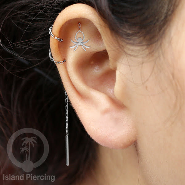Anting Ear Threader Stainless warna silver dengan model Halloween yang unik, Tengkorak, Peti