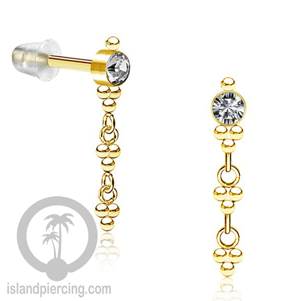 Anting Stud Stainless warna gold yang gantung dengan dekorasi Kristal Zirconia