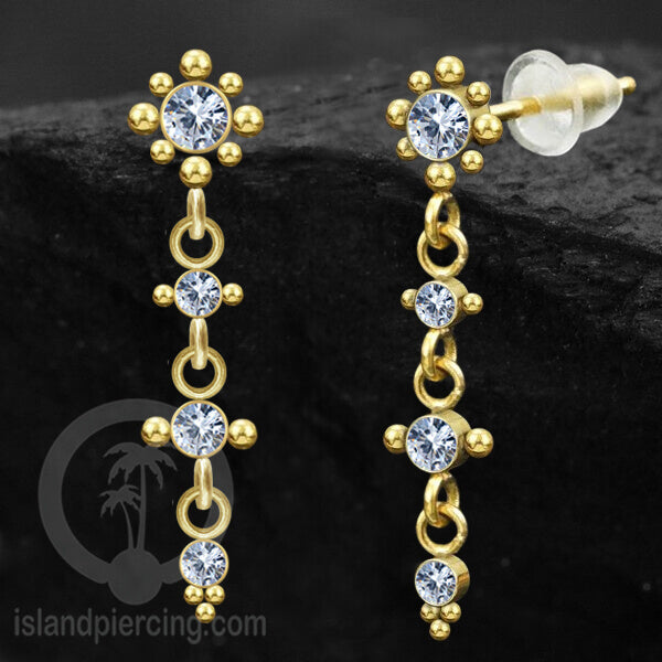 Anting Stud Stainless warna gold yang gantung dengan dekorasi Kristal Zirconia