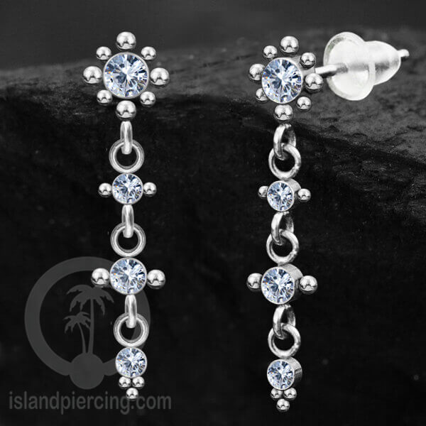 Anting Stud Stainless warna silver yang gantung dengan dekorasi Kristal Zirconia