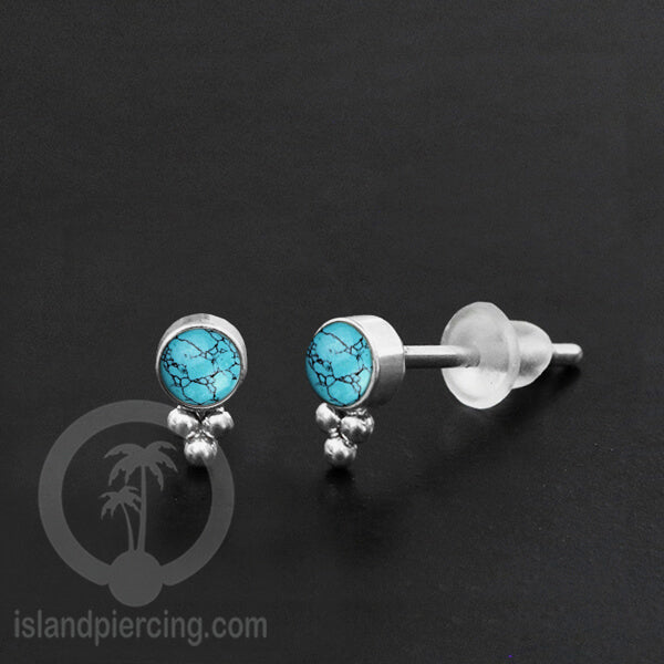 Anting Stud Stainless Earring warna silver dengan batu Turquoise dan Onyx Hitam