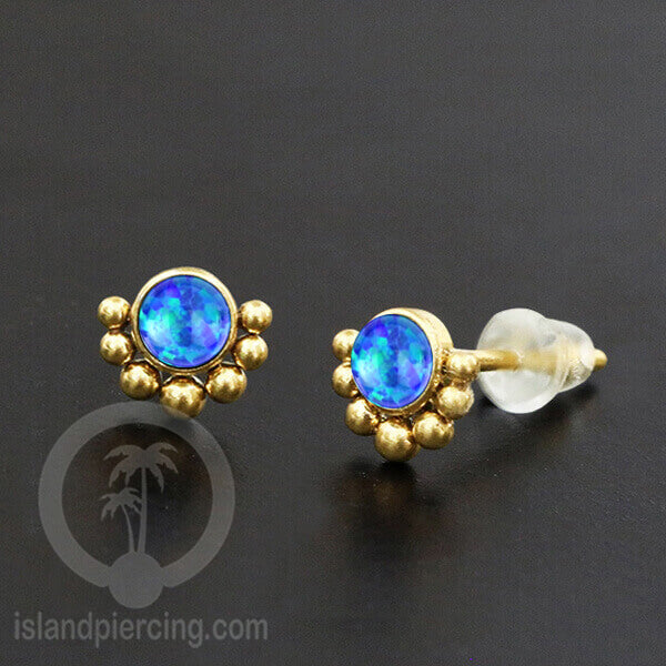 Anting Stud Stainless Earring warna gold dengan batu Opal Biru dan Putih
