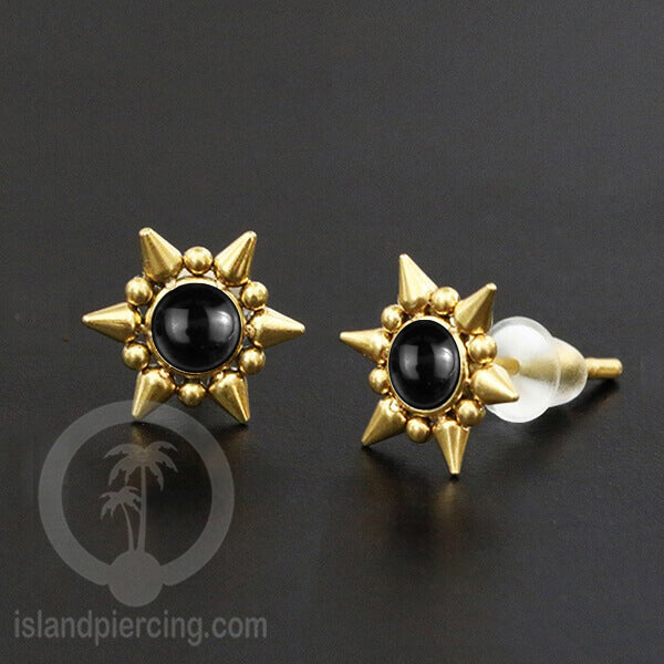 Anting Stud Stainless Earring warna gold dengan batu Turquoise dan Onyx Hitam
