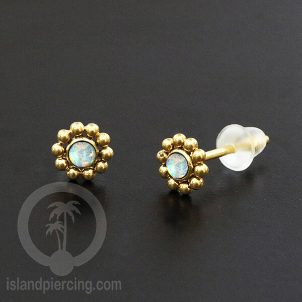 Anting Stud Stainless Earring warna gold dengan batu Opal Biru dan Putih