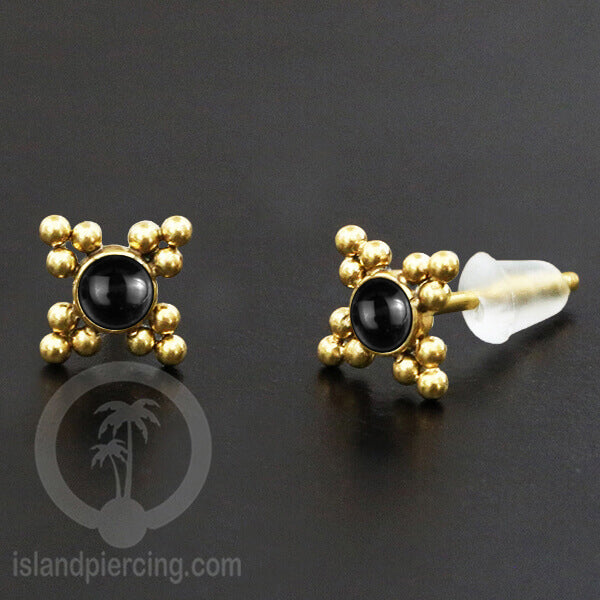 Anting Stud Stainless Earring warna gold dengan batu Turquoise dan Onyx Hitam