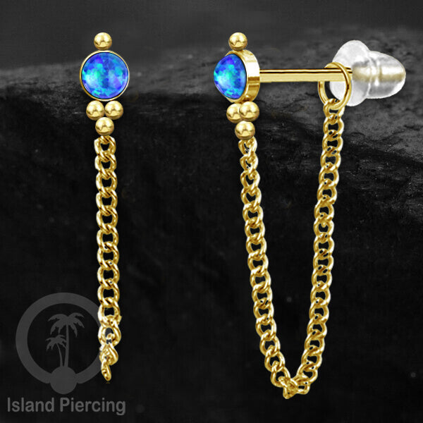 Anting Stud Stainless warna Gold dengan rantai dan variasi batu, 316L Steel Ear Studs with Stones