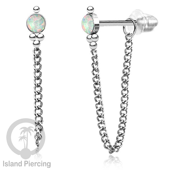 Anting Stud Stainless warna Silver dengan rantai dan variasi batu, 316L Steel Ear Studs with Stones
