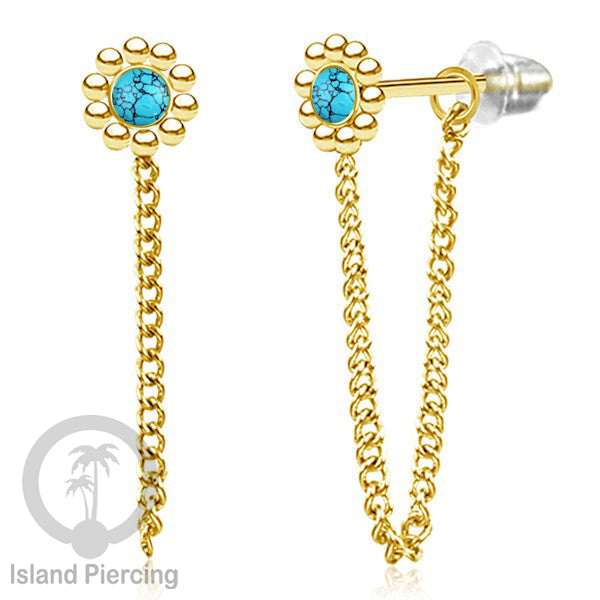 Anting Stud Stainless motif bunga warna Gold dengan rantai dan variasi batu, Steel Ear Studs with Stone
