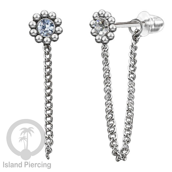 Anting Stud Stainless motif bunga warna Silver dengan rantai dan variasi batu, Steel Ear Studs with Stone