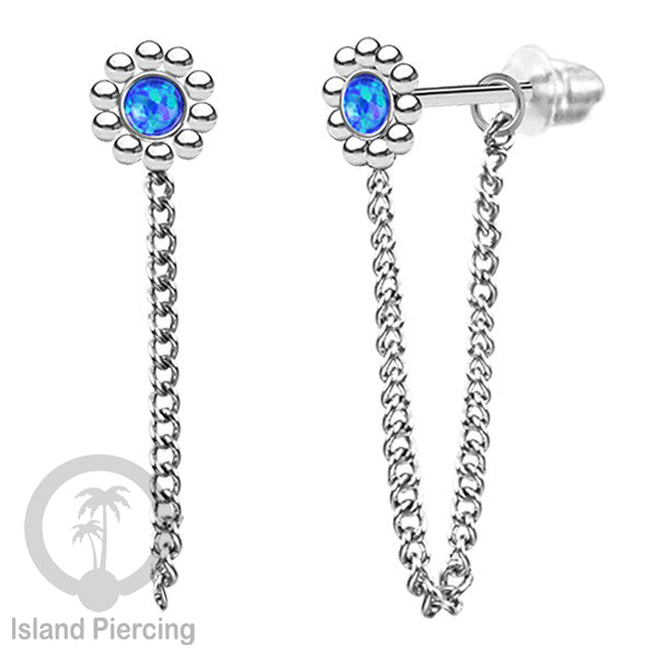 Anting Stud Stainless motif bunga warna Silver dengan rantai dan variasi batu, Steel Ear Studs with Stone