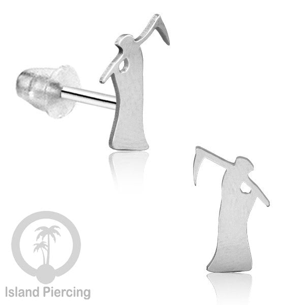 Anting Stud Stainless warna silver design serum Halloween model Tengkorak, Peti, Sihir