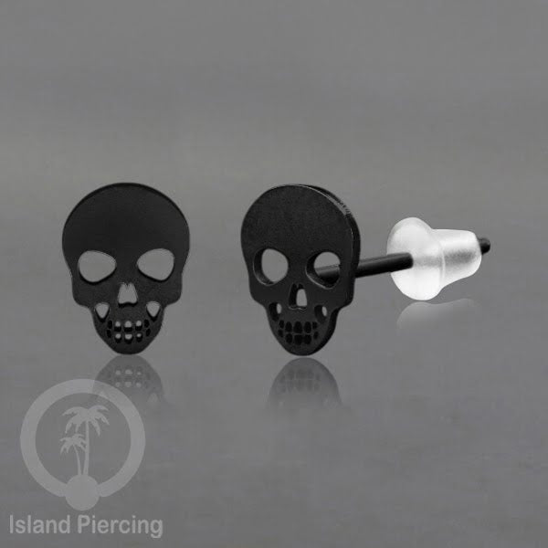 Anting Stud Stainless warna hitam design serum Halloween model Tengkorak, Peti, Sihir