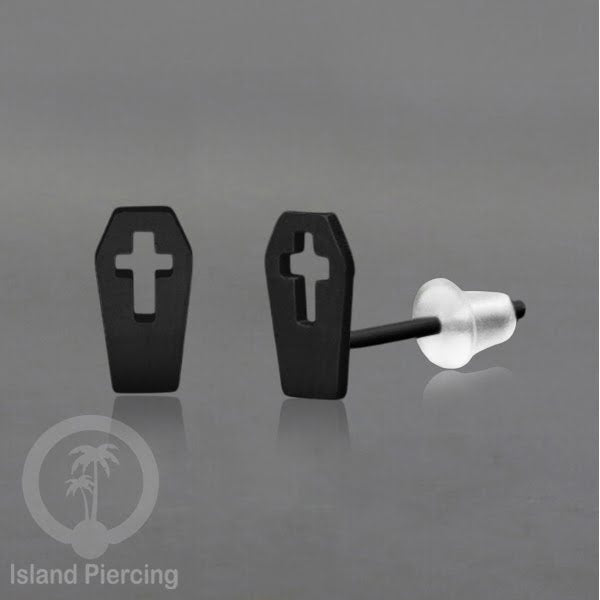 Anting Stud Stainless warna hitam design serum Halloween model Tengkorak, Peti, Sihir