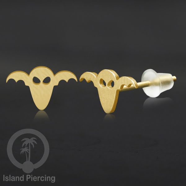 Anting Stud Stainless warna gold design serum Halloween model Tengkorak, Peti, Sihir