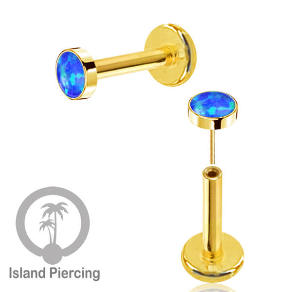 Tindik labret push system stainless, threadless piercing warna gold dengan abelone, opal putih dan biru.