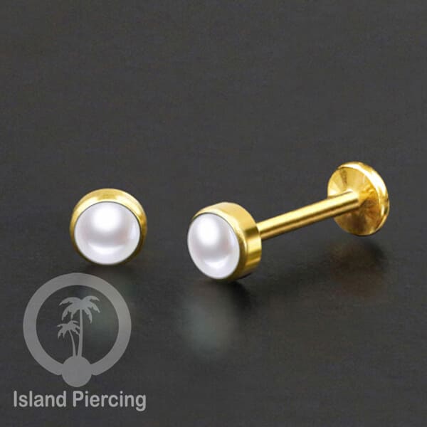 Tindik labret push system, threadless piercing warna gold dengan banyak variasi batu