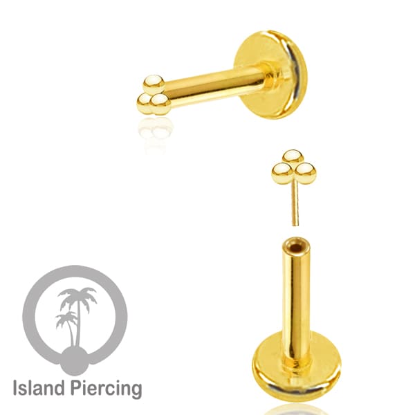Tindik labret push system, threadless piercing warna gold model yang menarik