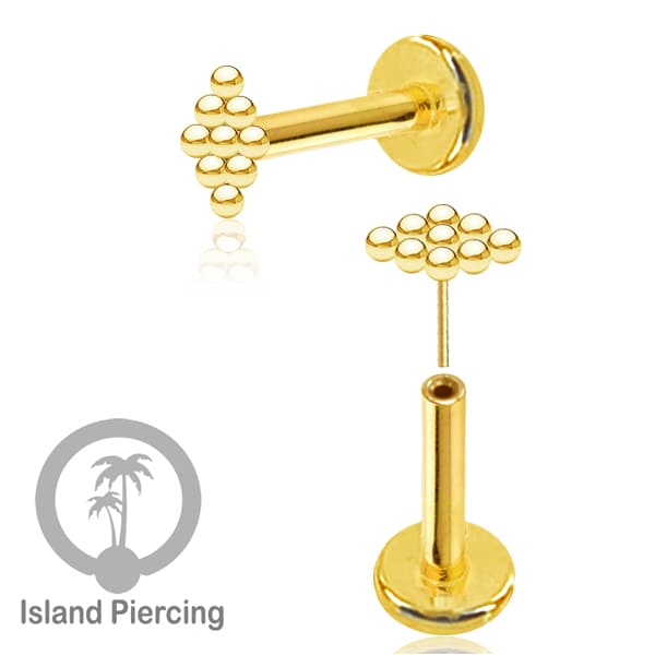 Tindik labret push system, threadless piercing warna gold model yang menarik