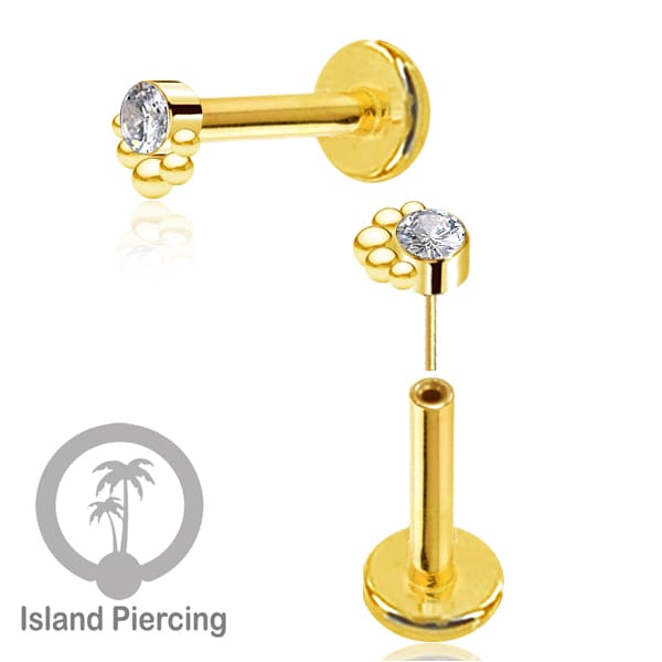 Tindik Labret push system, Threadless Piercing warna gold dan Kristal Zirconia banyak pilihan