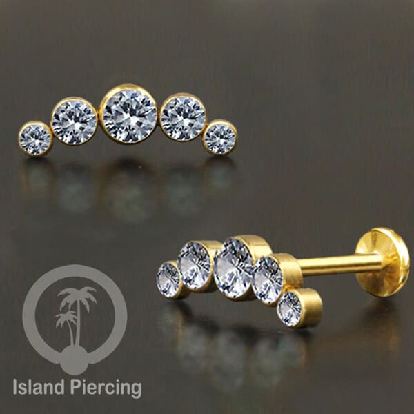 Tindik Labret push system, Threadless Piercing warna gold dan Kristal Zirconia banyak pilihan