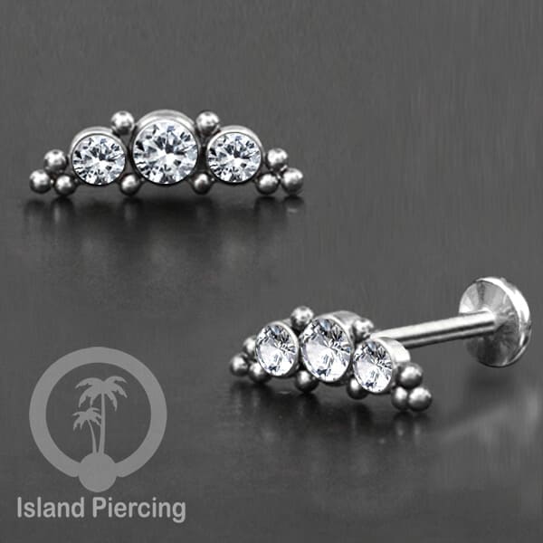 Tindik Labret push system, Threadless Piercing warna silver dan Kristal Zirconia banyak pilihan
