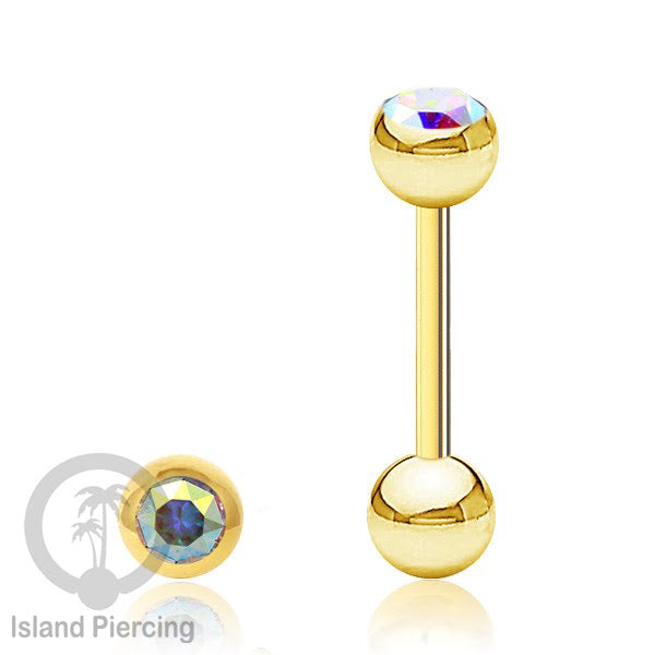 Barbel Tindik Lidah Stainless Kristal warna-warni Tongue bar Piercing warna Gold