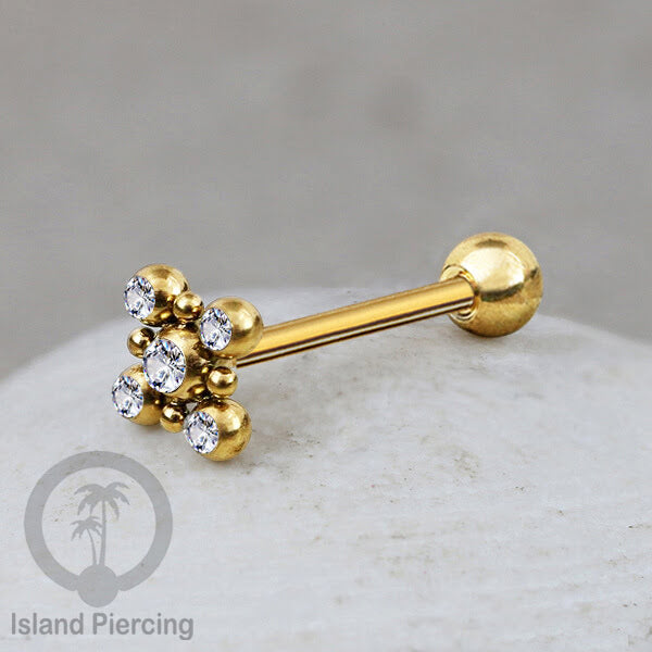 Anting tindik Lidah Stainless warna gold dengan kristal zircon. Crystal Tongue Piercing