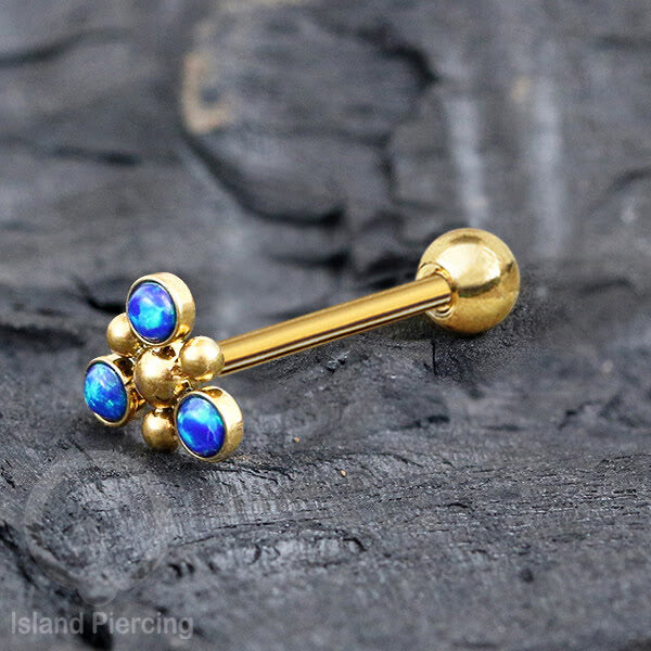 Tindik Lidah baja beda warna gold dengan 3 batu, Tongue bar Piercing with stones.