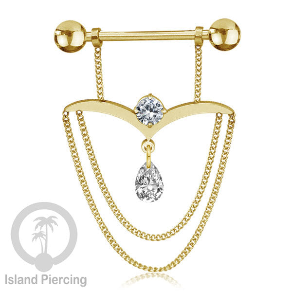 316L Steel Nipple Piercing PVD Gold Plating, Tindik Puting stainless dengan Rantai