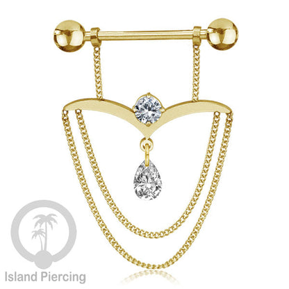 316L Steel Nipple Piercing PVD Gold Plating, Tindik Puting stainless dengan Rantai
