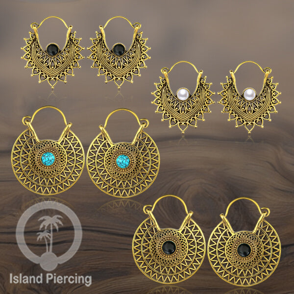 Anting kuningan dengan batu turquoise atau batu onyx hitam, Brass Earring with Stone