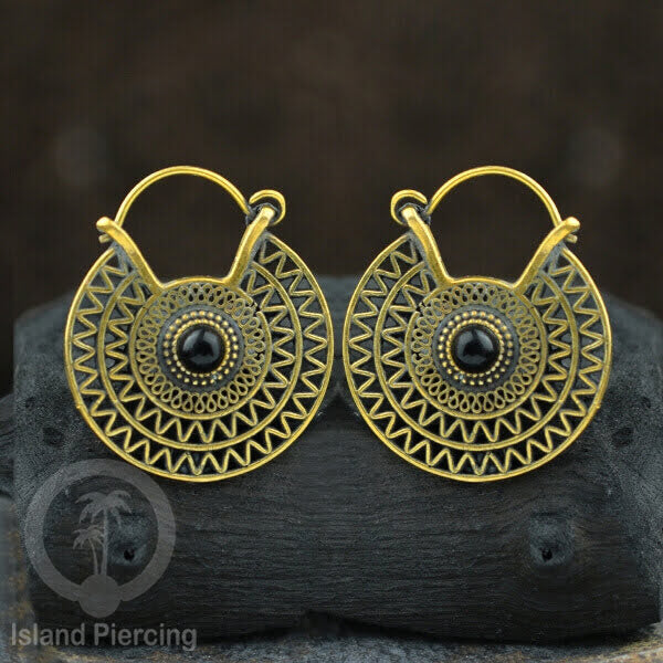 Anting kuningan dengan batu turquoise atau batu onyx hitam, Brass Earring with Stone